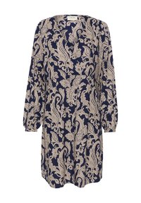 Robe marine avec un motif paisley crème, des manches longues bouffantes et un décolleté en V. La texture du tissu semble légère et douce.