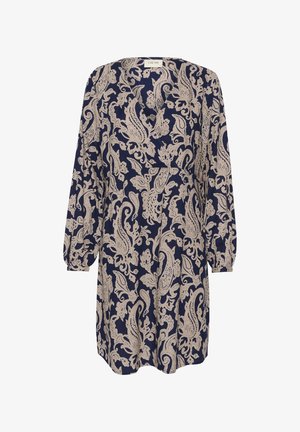 Granatowa sukienka z kremowym wzorem paisley, z długimi bufkami i dekoltem w kształcie litery V. Tekstura materiału wydaje się lekka i miękka.