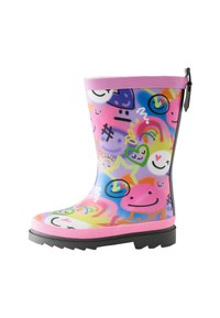 Stivale da pioggia in gomma colorato con rifiniture rosa, varie faccine sorridenti e design astratti in tonalità vivaci. Suola nera testurizzata per una migliore aderenza.