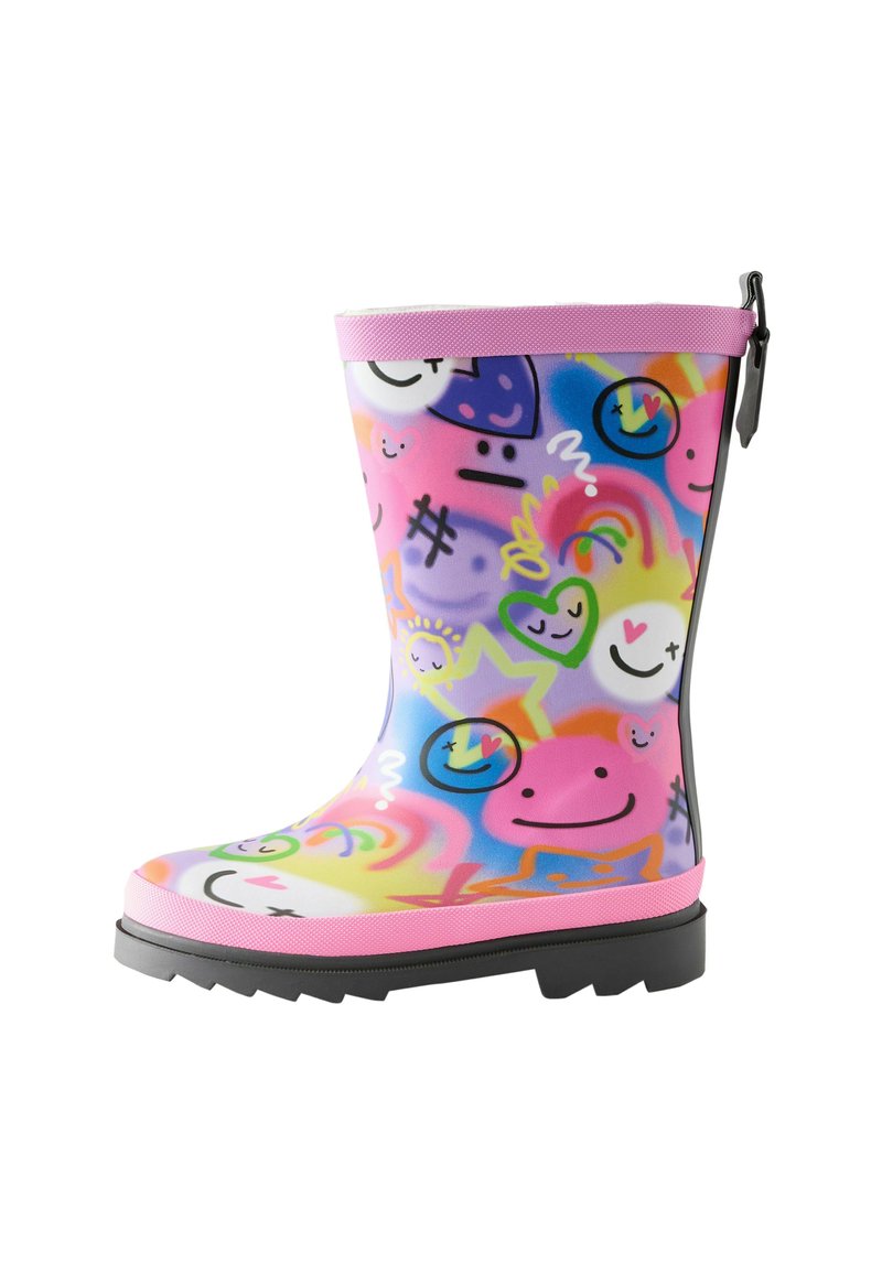 Stivale da pioggia in gomma colorato con rifiniture rosa, varie faccine sorridenti e design astratti in tonalità vivaci. Suola nera testurizzata per una migliore aderenza.