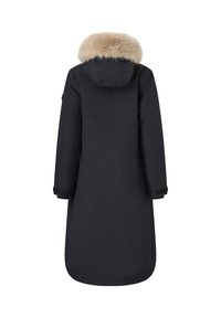 Parka nera con cappuccio foderato in pelliccia, design dritto, maniche lunghe e polsini regolabili. Presenta un esterno liscio e resistente all'acqua.