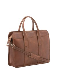 Mallette en cuir marron avec deux poignées, bandoulière détachable et coutures visibles sur fond blanc uni.