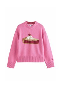 Maglione rosa lavorato a maglia con una grafica di torta decorata con panna montata e una ciliegina, polsini e orlo a coste, texture morbida e design giocoso.