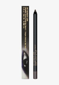 Schwarzer Augenstift mit spitzem Ende, neben einer schwarz-goldenen Box mit einem Augensymbol und Text. Gewicht des Stifts: 1,2 g.