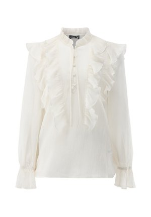 Weiße Bluse mit langen Ärmeln, Rüschen vorne und an den Manschetten, knöpfbarer Ausschnitt und strukturierter Stoff, auf schlichtem Hintergrund präsentiert.
