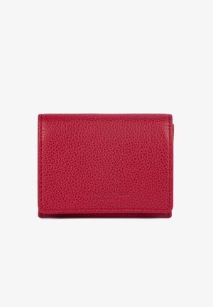Portefeuille en cuir texturé rouge fermé, forme rectangulaire avec des coutures visibles autour des bords, présenté sur fond blanc.