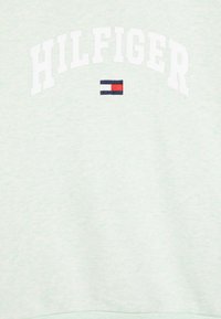 Svetlo zelena dukserica z belim napisom "HILFIGER" v loku. Ima majhen mornarsko moder, rdeč in bel logo pod besedilom. Mehka tekstura.