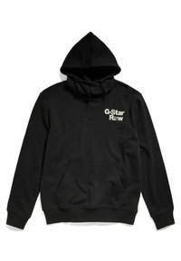 Schwarzer Kapuzenpullover aus Baumwollmischung mit einer Fronttasche und einem bedruckten Logo auf der Brust. Glatte Textur, lockere Passform.