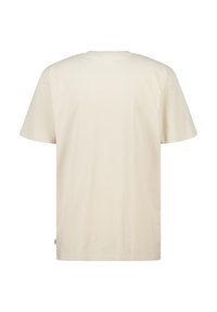 Lyhythihainen, pyöreäkauluksinen t-paita vaaleanbeigeä puuvillaa. Ominaisuuksiin kuuluu sileä rakenne ja suora leikkaus ilman näkyviä graafisia elementtejä tai kuvioita.