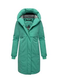 Groene, knielange jas met een grote capuchon, twee zijzakken, elastische manchetten en een ritssluiting; gemaakt van glad, waterafstotend materiaal.