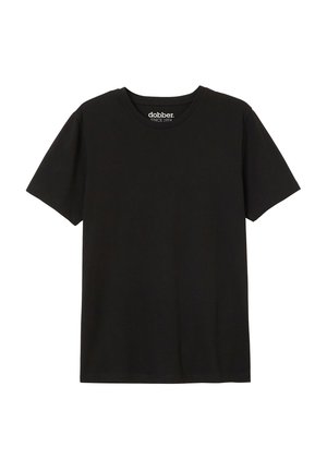 T-shirt noir à manches courtes en coton doux, avec un col rond et une coupe standard, au design simple et uni.