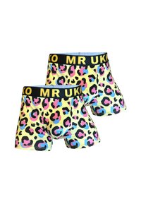 Herren-Boxershorts aus gelbem Stoff mit einem mehrfarbigen Leopardenmuster. Verfügt über einen schwarzen elastischen Bund mit der Aufschrift "MR UK".