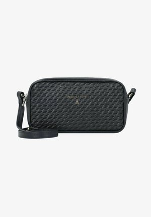 Schwarz geflochtene Handtasche mit Lederakzenten, rechteckiger Form, verstellbarem Trageriemen und metallic Logo-Detail auf der Vorderseite.