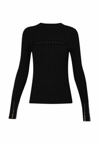 Pull noir côtelé à manches longues avec col rond. Présente un détail tressé sur la poitrine et des clous aux poignets. Texture en maille douce.