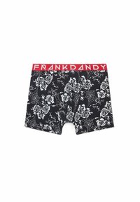 Svarta boxershorts med ett mönster av vit ros och spindelnät. Den elastiska midjebanden är röd med "FRANKDANDY" i vit text.