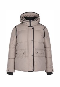 Giacca a vento beige con cappuccio, dettagli neri, bottoni a scatto e due tasche frontali. Il design include sezioni trapuntate e un colletto alto.
