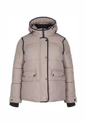 Veste en duvet beige avec une capuche, des accents noirs, des boutons-pression et deux poches avant. Le design comprend des sections matelassées et un col montant.