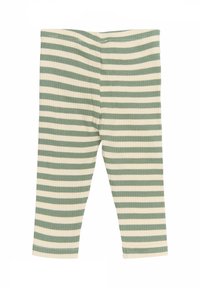 Csíkos leggings, váltakozó zöld és krém színekkel, amelyek illeszkedő formájúak és puha textúrával rendelkeznek, így alkalmasak hétköznapi viseletre.