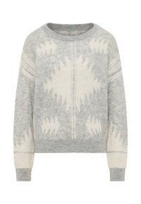 Jasnoszary sweter z dzianiny z białymi wzorami geometrycznymi, okrągłym dekoltem oraz ściągaczami przy mankietach i na dole.