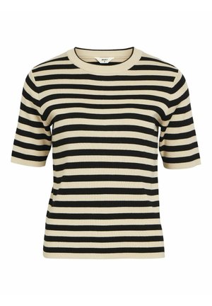 Beżowa i czarna bluzka z krótkim rękawem w paski, z okrągłym dekoltem i ribbową fakturą. Poziome paski o równej szerokości w całej bluzce.