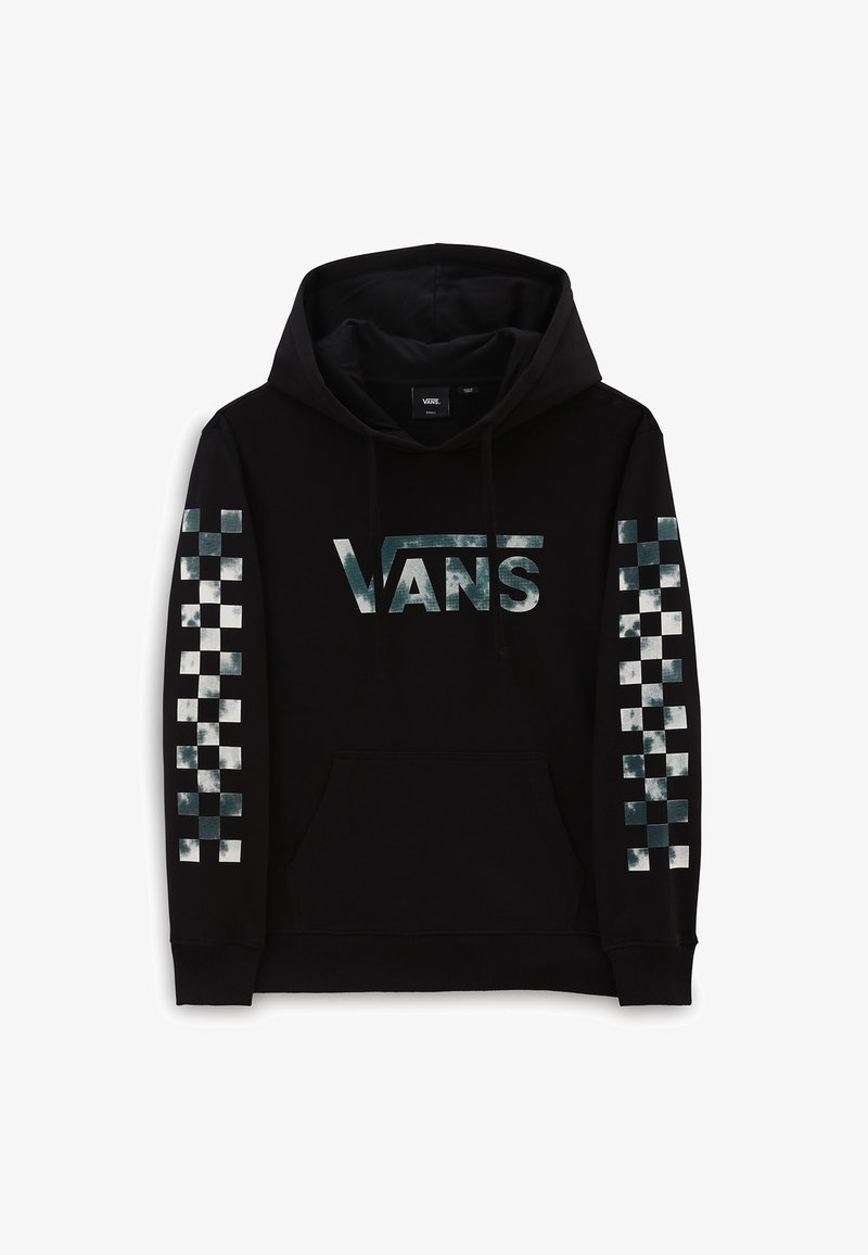 Czarna bluza z kapturem z dużym logo Vans z przodu, wzorem w kratkę na rękawach oraz kieszenią kangurka. Miękka faktura materiału.