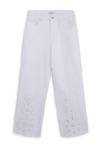 Jeans bianchi a gamba larga con motivi floreali ricamati a intaglio sui pantaloni inferiori. Design classico a cinque tasche con chiusura a bottone.