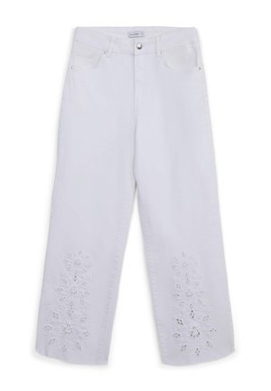 Jeans bianchi a gamba larga con motivi floreali ricamati a intaglio sui pantaloni inferiori. Design classico a cinque tasche con chiusura a bottone.