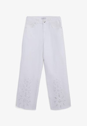 Weiße, weit geschnittene Jeans mit bestickten, floralem Ausschnittmuster an den unteren Beinen. Klassisches Fünf-Taschen-Design mit einem Knopfverschluss.