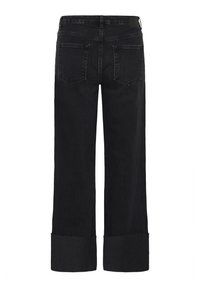 Black denim jeans with a loose fit, featuring a wide leg, folded cuffs, and two back pockets. Smooth texture with a classic design.