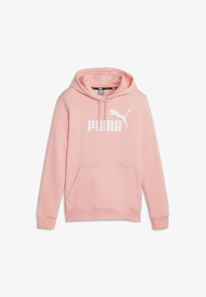 Rozā kapucīne, kas izgatavota no mīksta auduma, ar lielo kabatu, ribotām aprocēm un baltu Puma logo uz krūtīm ar lecošu kaķa ikonat.