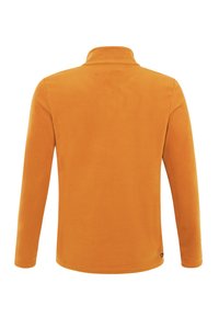 Oranžový flísový dlhý rukáv s vysokým golierom. Hladký povrch a jednoduchý dizajn bez viditeľných vzorov alebo doplnkov.