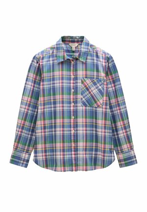 Langärmliges Hemd zum Knöpfen mit blauem, grünem, pinkem und weißem Karomuster und Brusttasche, flach auf weißem Hintergrund ausgelegt.