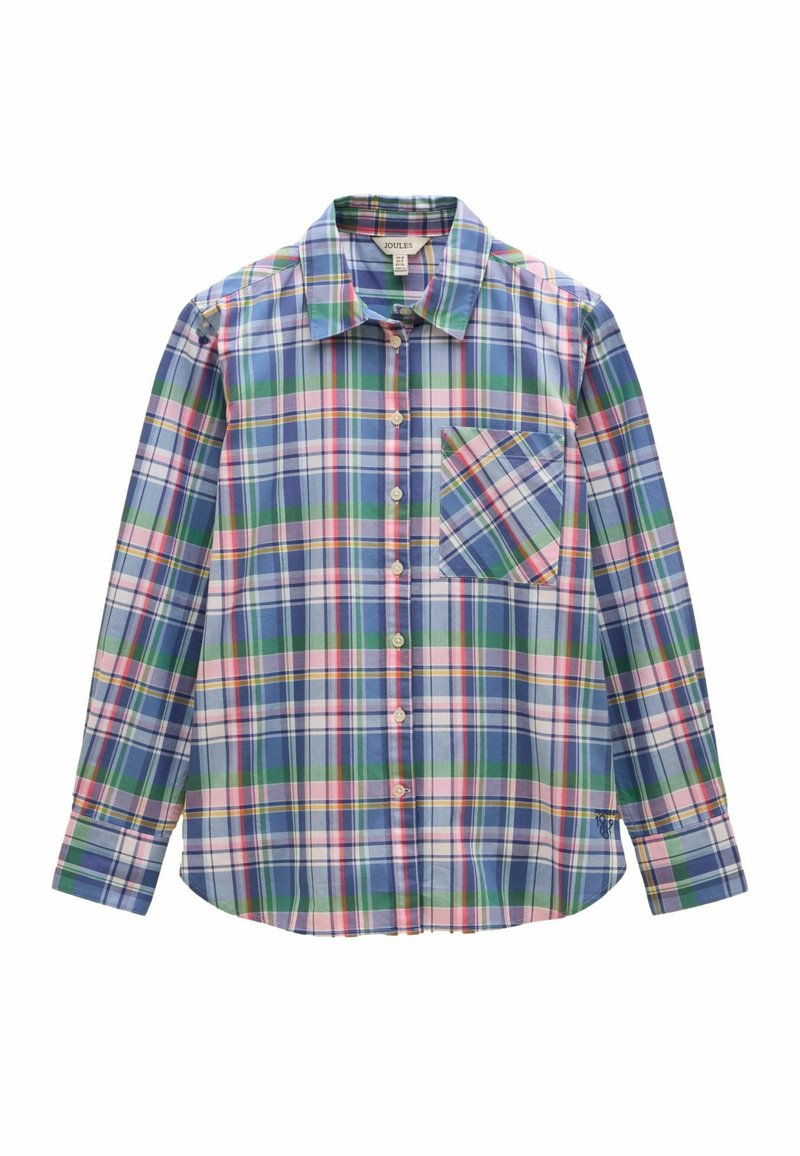 Garām piedurknēm pogājama krekls ar zilas, zaļas, rozā un baltas pleda rakstu un krūšu kabatu, izlikts uz balta fona.