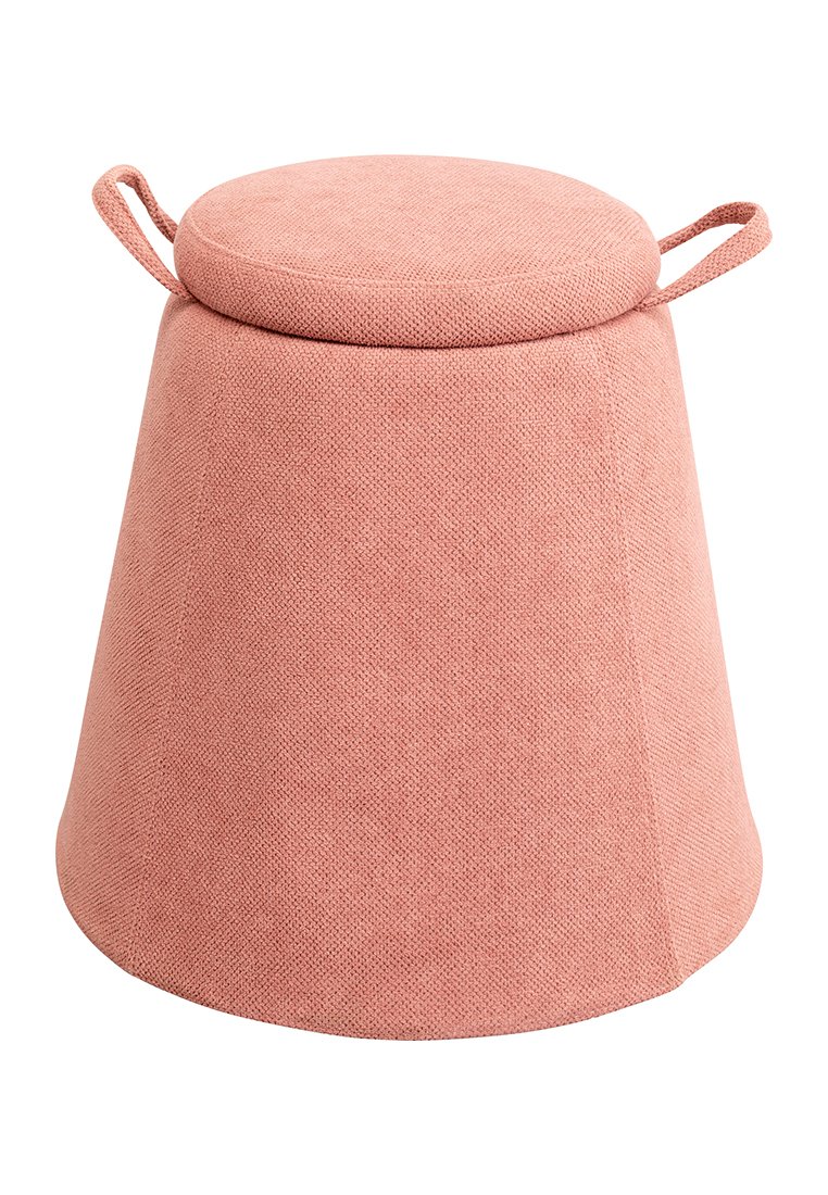 Runder Hocker mit weicher Textur in Blush-Pink, tapering Form und zwei Seitengriffen. Verfügt über einen abnehmbaren gepolsterten Deckel.
