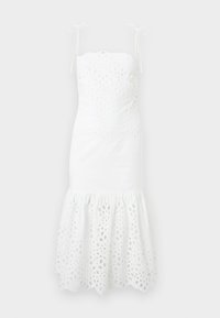 Λευκό midi φόρεμα χωρίς μανίκια με λουλουδάτες τρύπες (eyelet), λεπτές τιράντες που δένουν στους ώμους, εφαρμοστό μπούστο και φαρδύ βολάν στο τελείωμα.