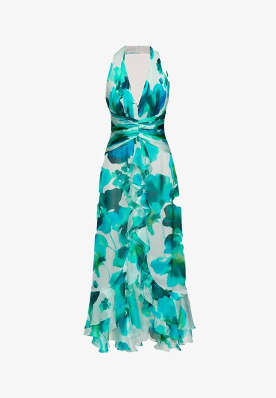 Kvetinové maxi šaty v tyrkysových a zelených odtieňoch s výstrihom na halter, riaseným telom a vrstveným volánovým lemom. Ľahká, priesvitná tkanina.