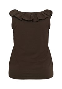 Blouse sans manches marron foncé avec un col bardot à volants, corps ajusté et texture de tissu lisse.