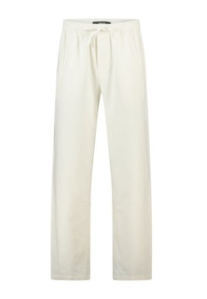 Witte katoenen broek met losse pasvorm, elastische tailleband en voorste trekkoord, voorzien van zijzakken en rechte pijpen.