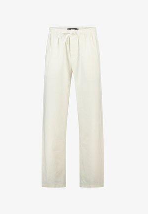 Locker sitzende weiße Baumwollhose mit elastischem Bund und vorderer Kordelzug, mit Seitentaschen und geraden Beinen.