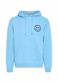 Felpa leggera blu con cappuccio in cotone, con tasca frontale, cordini regolabili e una grafica circolare con testo sul petto.