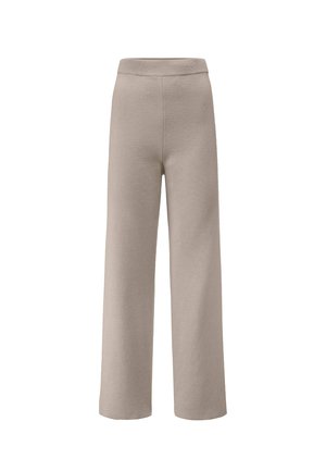 Helle beige, weit geschnittene Hose aus weichem Stoff. Mit einem bequemen elastischen Bund und einer glatten Textur ohne sichtbare Muster.