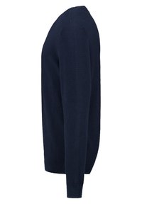 Navy knit sweater featuring a textured pattern, long sleeves, ribbed cuffs and hem, with a classic crew neckline. Side view displayed.