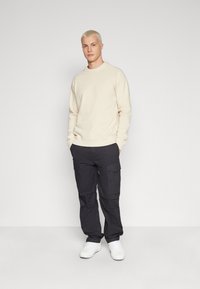 Helles beige Sweatshirt mit Rundhalsausschnitt, kombiniert mit schwarzen Cargo-Hosen mit seitlichen Taschen und weißen Sneakers. Glatte Textur des Stoffes.