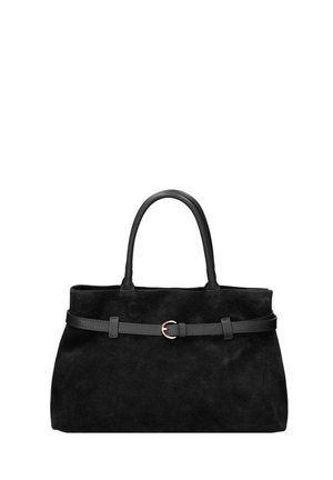 Sac à main en daim noir avec double poignée et une fine ceinture avec une petite boucle dorée enroulée autour du haut.