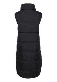 Černá bezrukávová péřová vesta s vysokým límcem, která má prošívané části a hladkou texturu. Jednoduchý, minimalistický design bez viditelného kování.