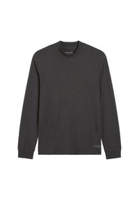 Koszula z długim rękawem w ciemnoszarym odcieniu, wykonana z mieszanki bawełny. Posiada okrągły dekolt oraz boczny akcent z kontrastową łatą z innej tkaniny. Miękka w dotyku.