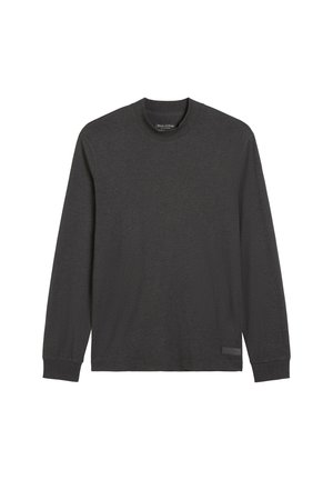 Long-sleeve shirt in dark gray cotton blend. Features a round neckline and a side accent with a contrasting fabric patch. Soft texture.