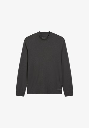 Langärmeliges Hemd aus dunkelgrauem Baumwollgemisch. Verfügt über einen Rundhalsausschnitt und eine Seitenakzentuierung mit einem kontrastierenden Stoffpatch. Weiche Textur.