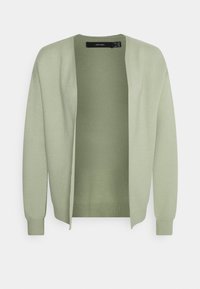 Svetle zelený cardigan vyrobený z měkkého pleteného materiálu, otevřený design vpředu, žebrované manžety a lem, s bezšvovou konstrukcí a volným střihem.