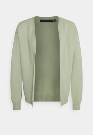 Cardigan verde chiaro realizzato in morbido tessuto a maglia, design frontale aperto, polsini e orlo a costine, caratterizzato da una costruzione senza cuciture e una vestibilità rilassata.